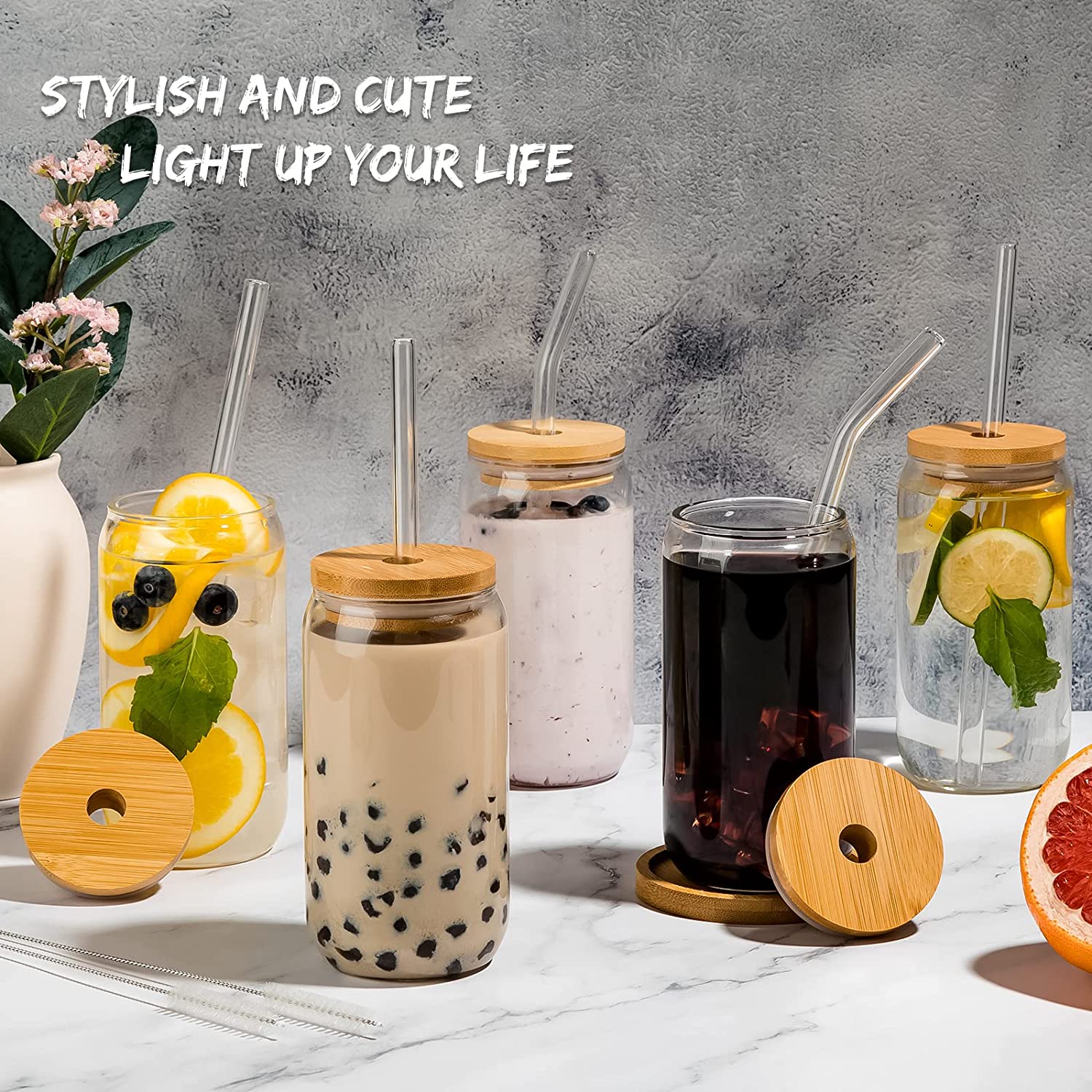 Drinking Glasses with Bamboo Lids and Glass Straw - 6 Pc - Vedessi