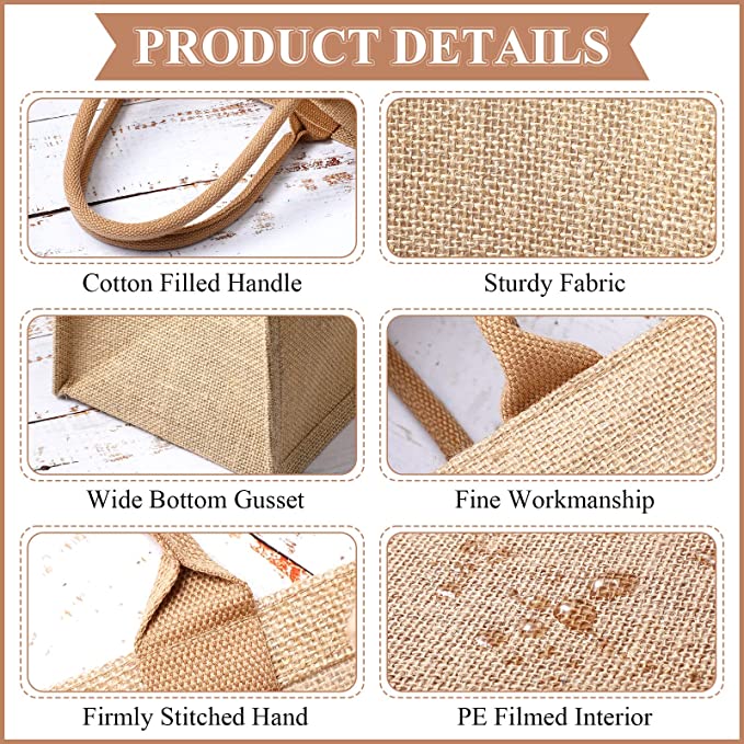 10 Pcs Reusable Burlap Jute Laminated Tote Bags - Vedessi