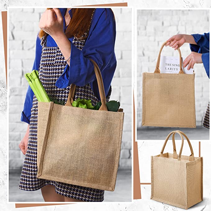 10 Pcs Reusable Burlap Jute Laminated Tote Bags - Vedessi