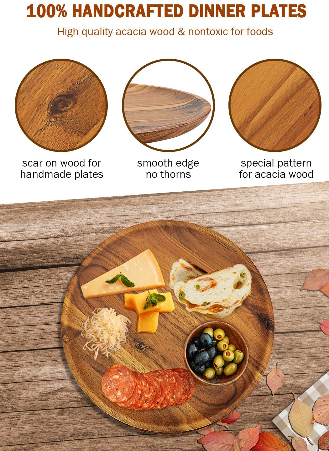 Acacia Wood Dinner Plates, 8 Inch Round Wood Plates Set of 4 - Vedessi