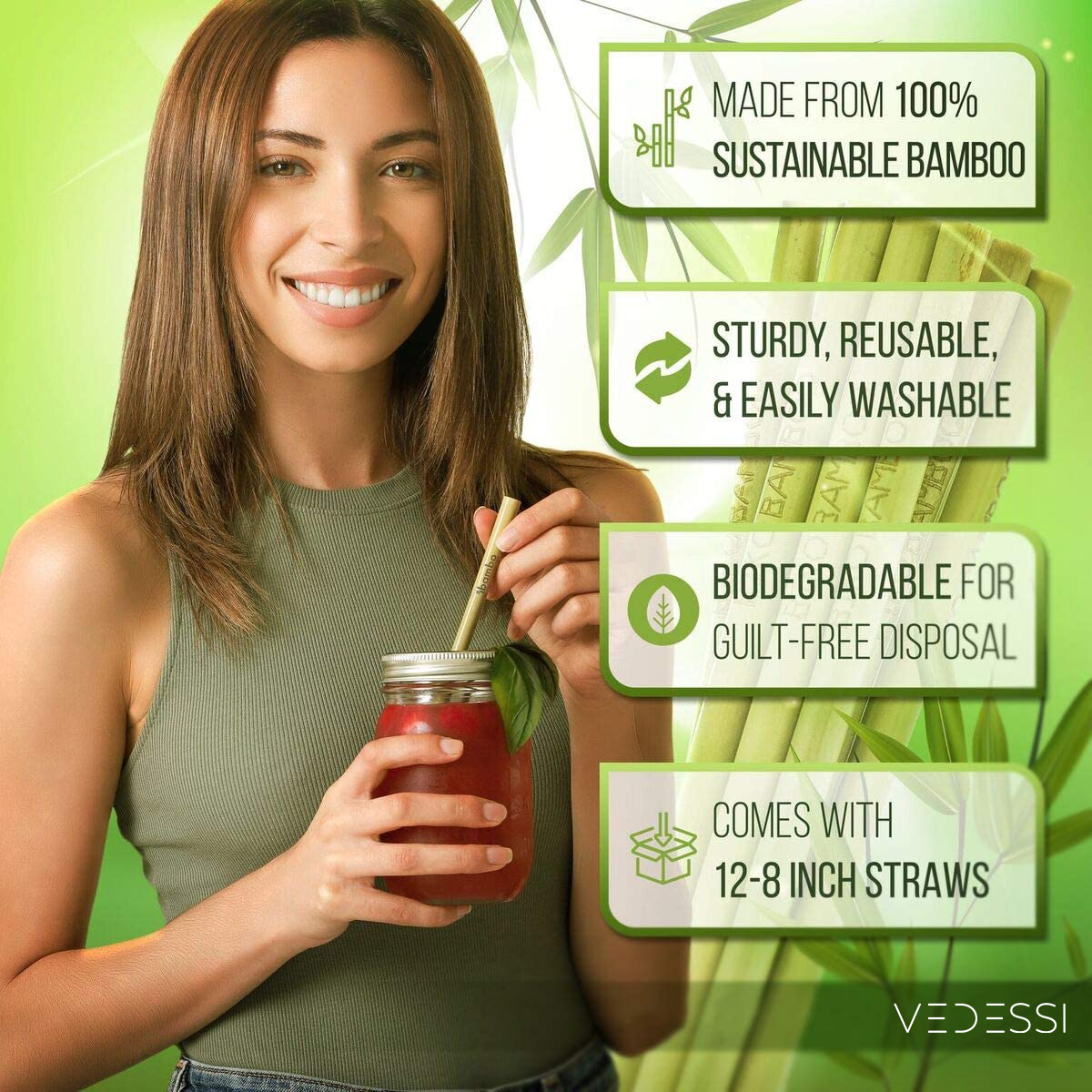 Organic Bamboo Reusable Straws - 10 pc - Vedessi