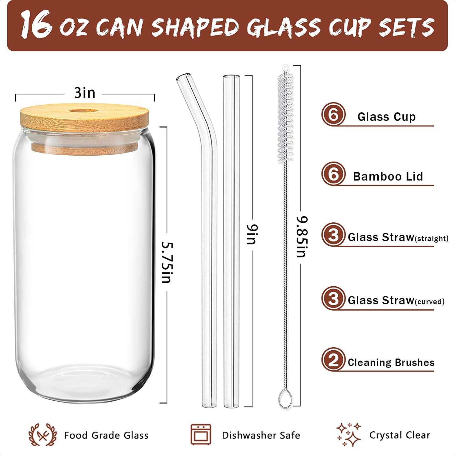 Drinking Glasses with Bamboo Lids and Glass Straw - 6 Pc