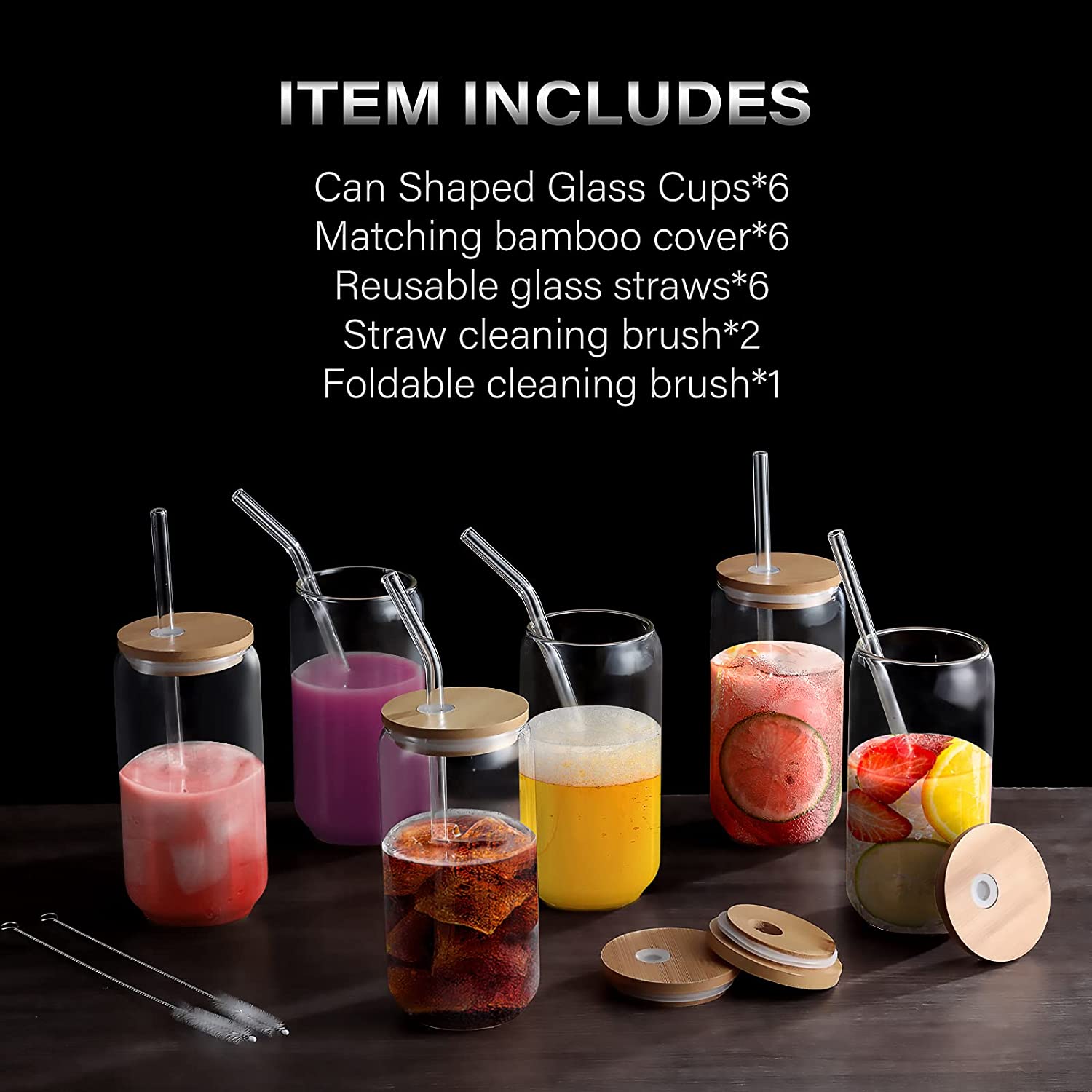 Reusable Glass Coke Cup With Bamboo Lid and Straws Cup Drinking