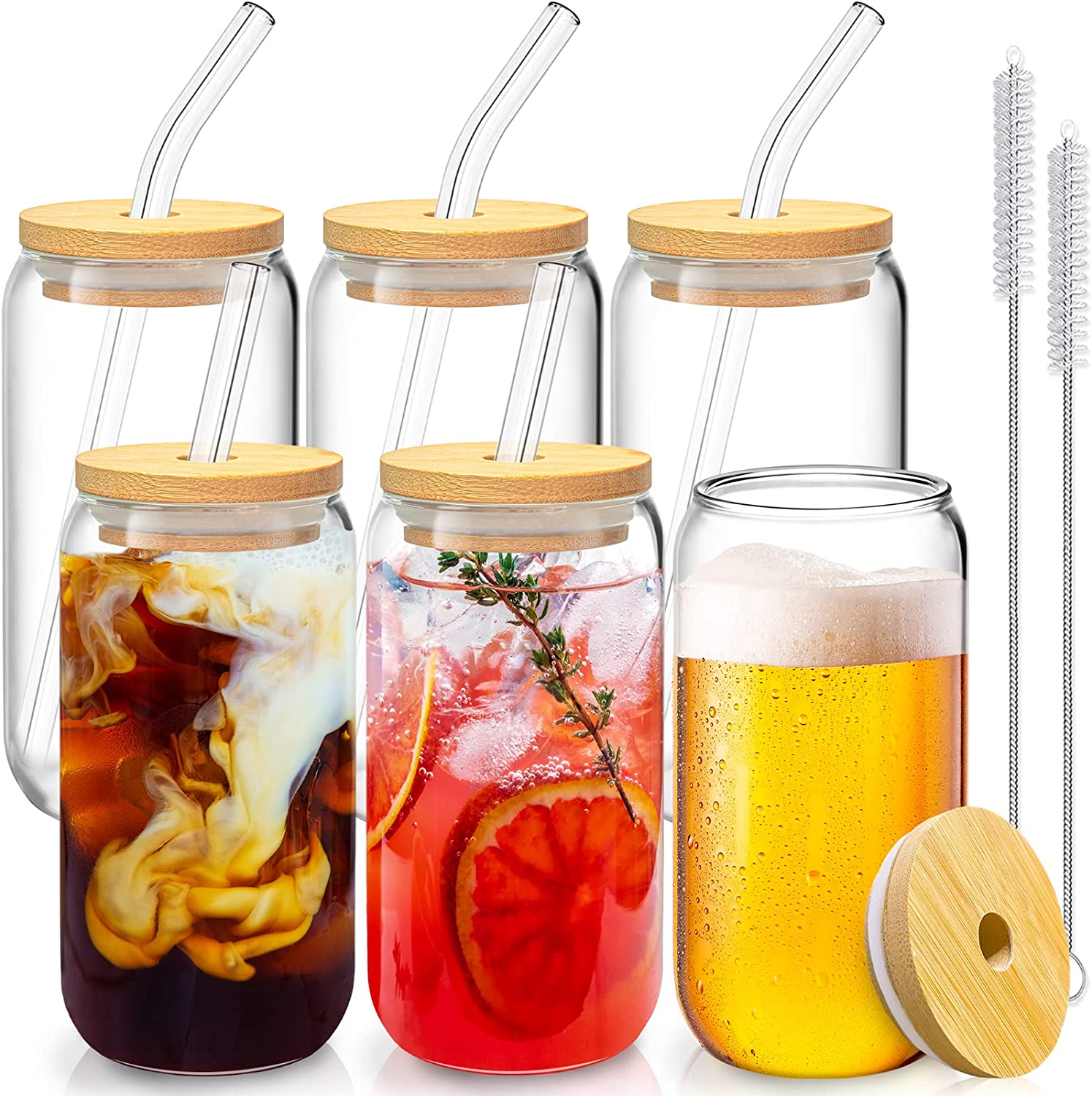 Wirsh Drinking Glasses 18oz with Bamboo Lids and Glass Straws Set 4 Pcs