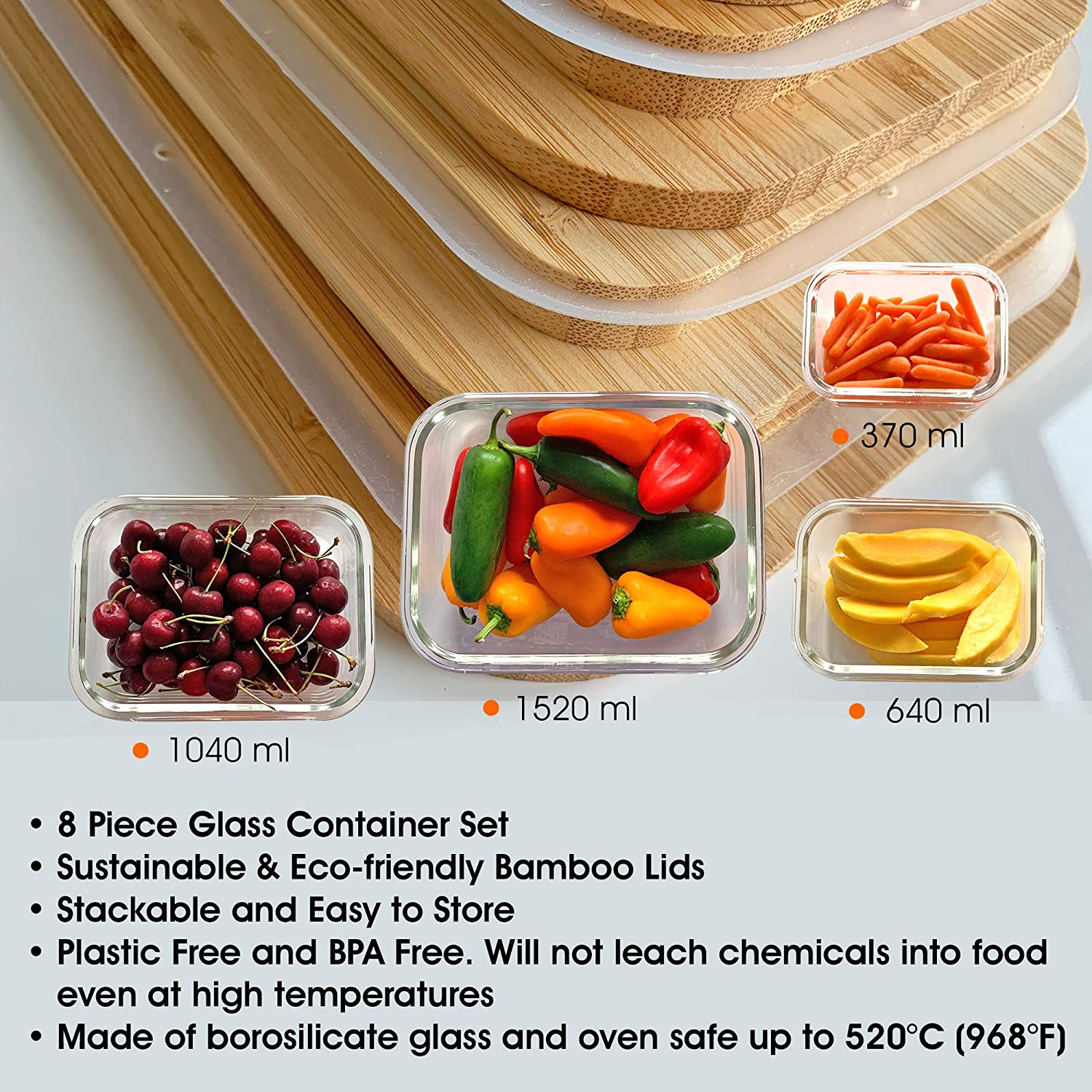Glass Food Storage Containers with Bamboo Lids - 4 pc set - Vedessi