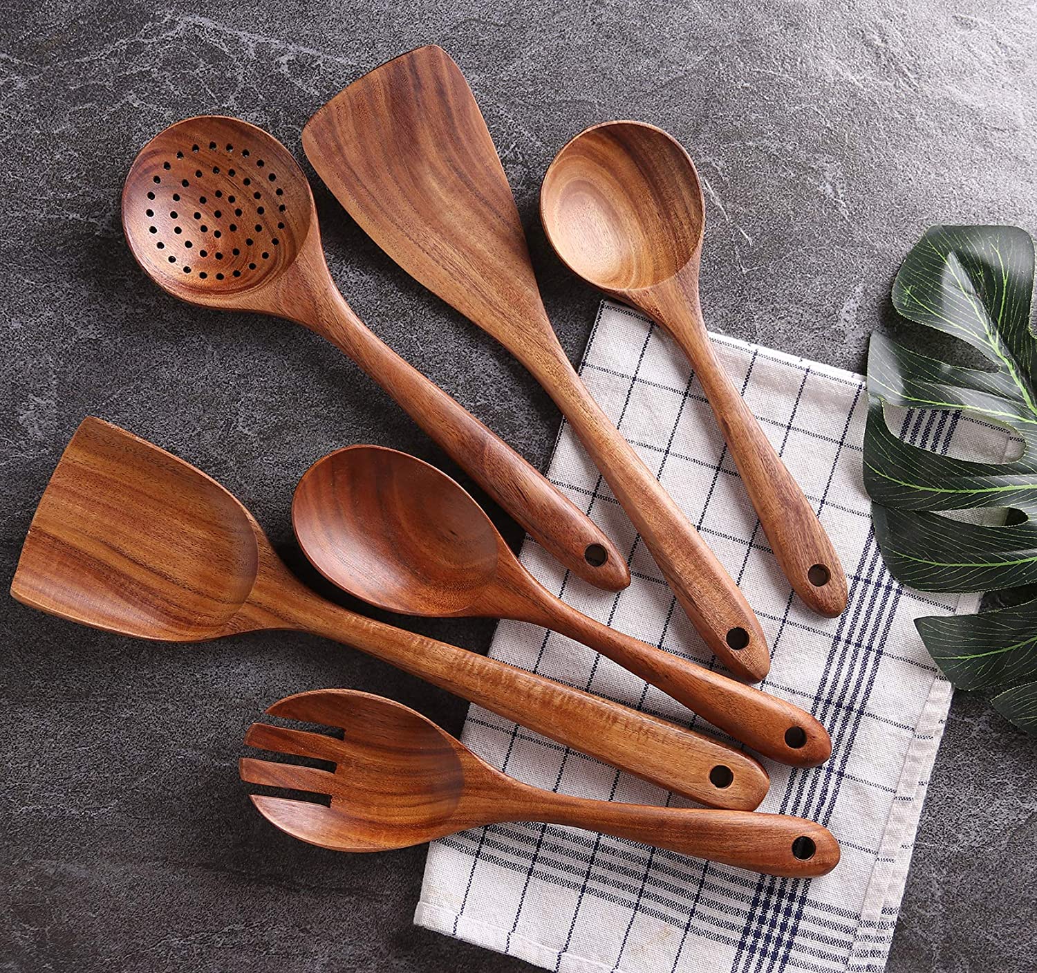 Teak Wooden Utensil Set, 7 piece cooking utensil set