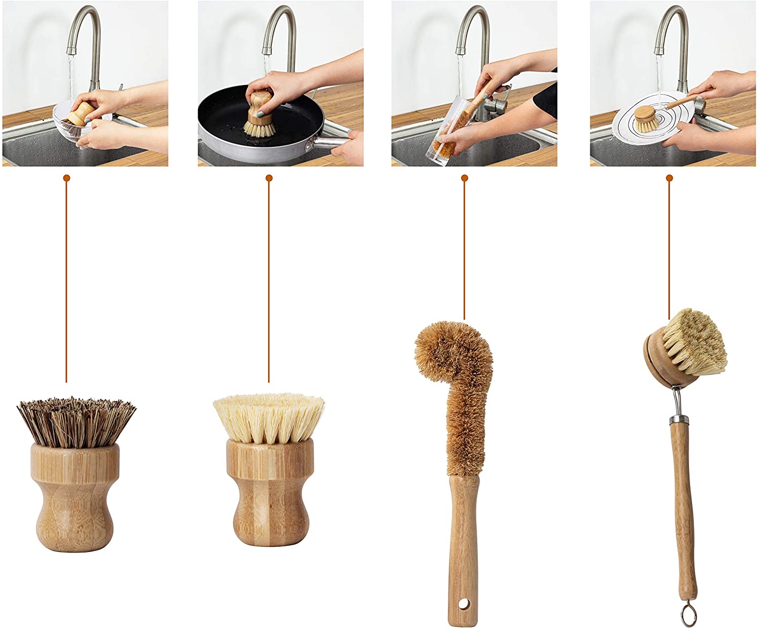 Natural Bamboo Dish Scrub Brush 4 Piece Set - Vedessi