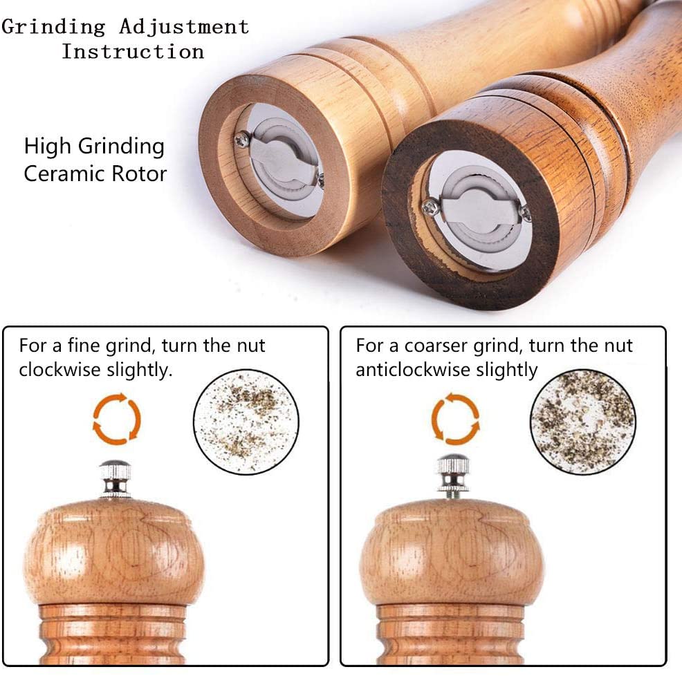 Premium Salt And Pepper Grinder Set Of 2 - Two Refillable, Wood Sea Salt &  Spice Shakers With Adjustable Coarse Mills - Easy Clean Ceramic Grinders