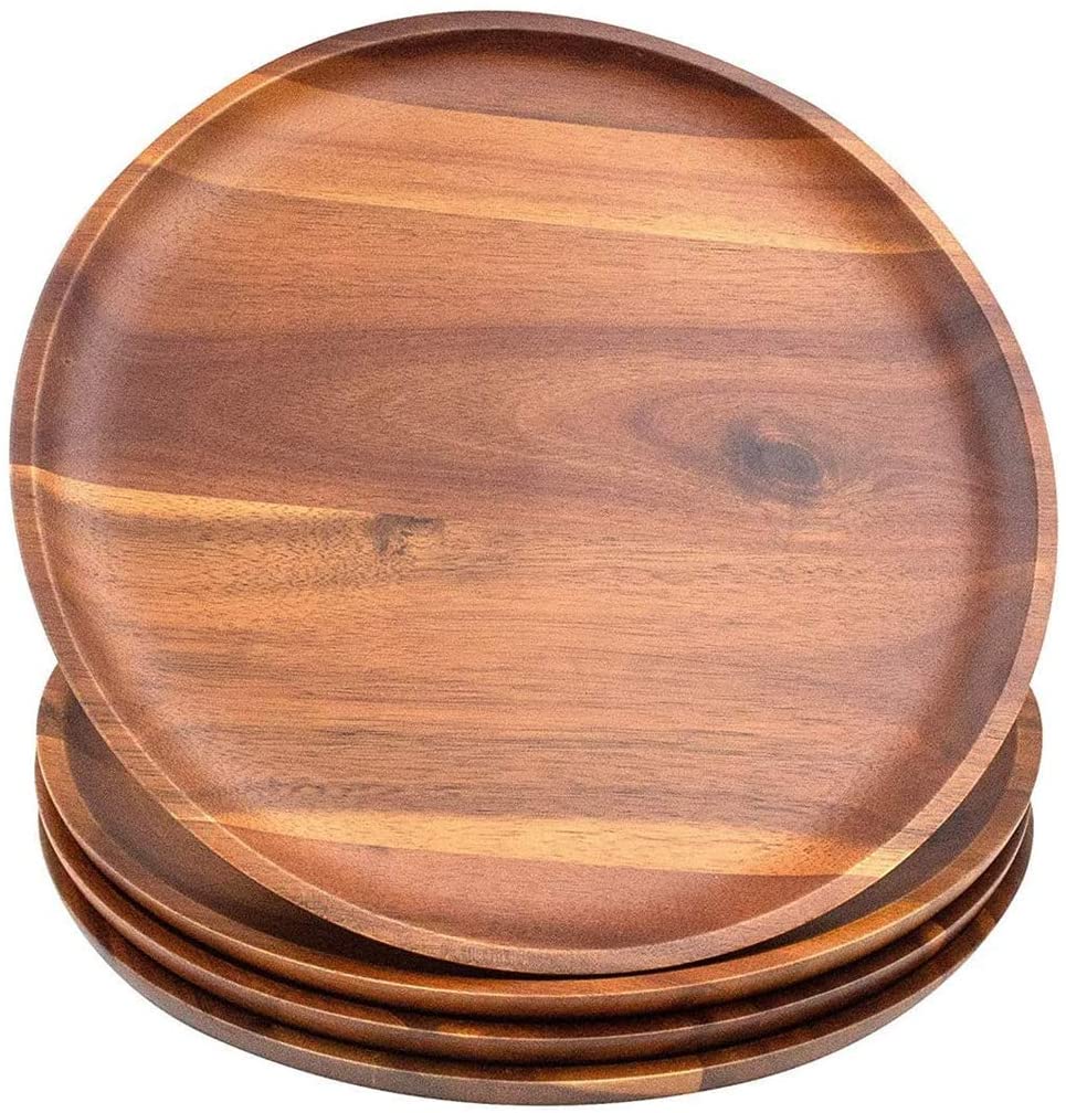 Acacia Wood Dinner Plates, 8 Inch Round Wood Plates Set of 4 - Vedessi